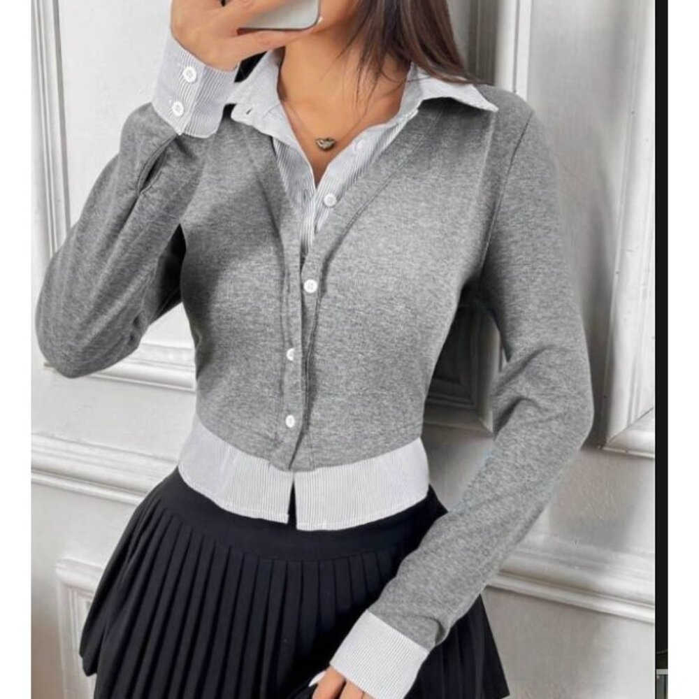 Casual Striped/Gray Button Down Front Collared 2-in-1 Layered Cardigan Top Sz XS
